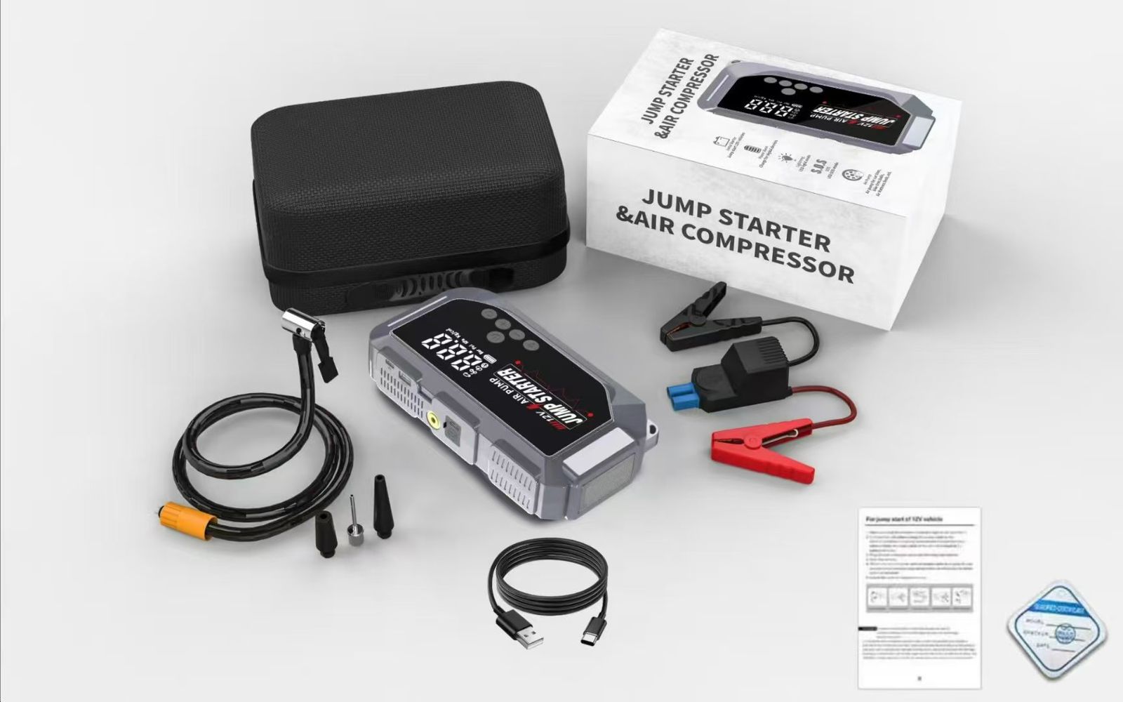 RESTOCKED🔥New design High power digital jump starter with digital compressor🔥combines a portable car jump starter, digital air compressor, power bank, and emergency light in one compact unit. This d