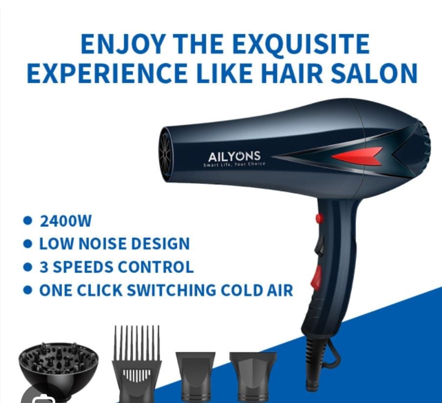 Ailyons Smart Life Hair Blowdryer Hair Blowdry (Model P2). 

💥 high-speed, low-noise design with a comfortable handle.
💥 includes one-click switching for cold air.
💥It comes with a free nail clippe