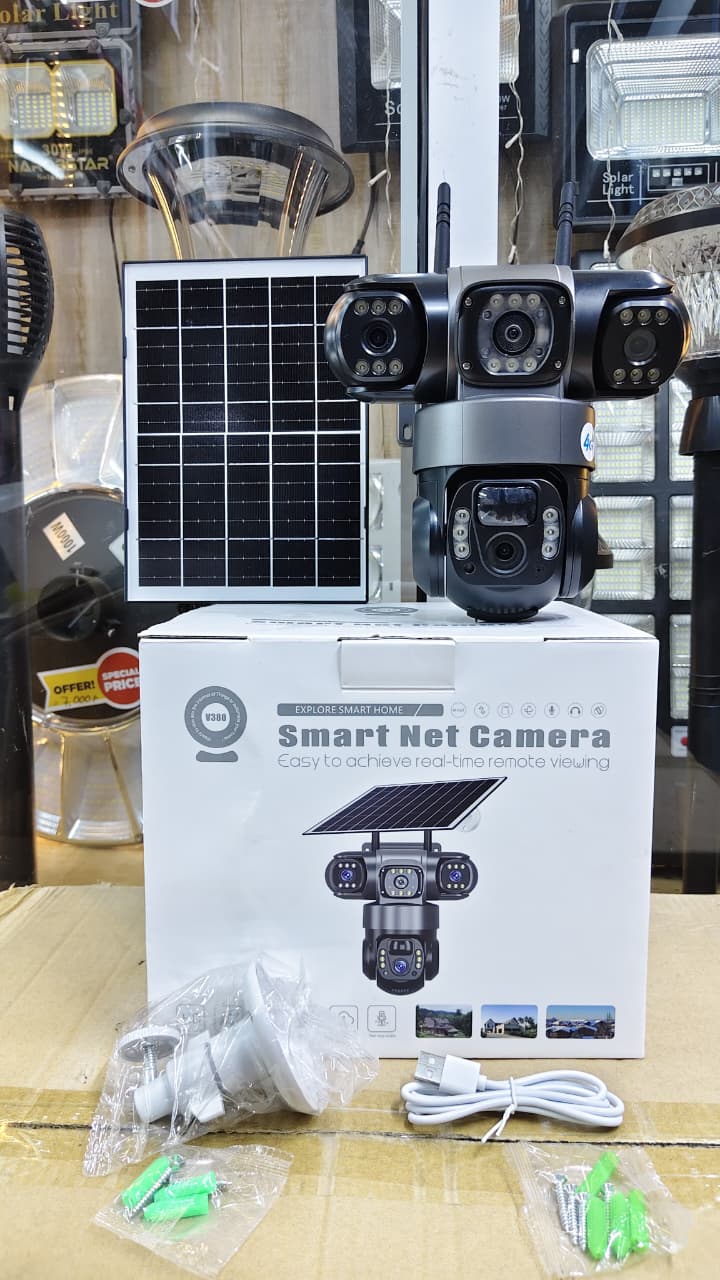 🎇Triple Lens 4G PTZ Solar CCTV Camera with Three Screens🎇* Solar * 4G supports Safaricom, Airtel Simcards. * Two way Audio. * 3 Remote viewing Surveillance * Motion Tracking * V380 Pro App * Late