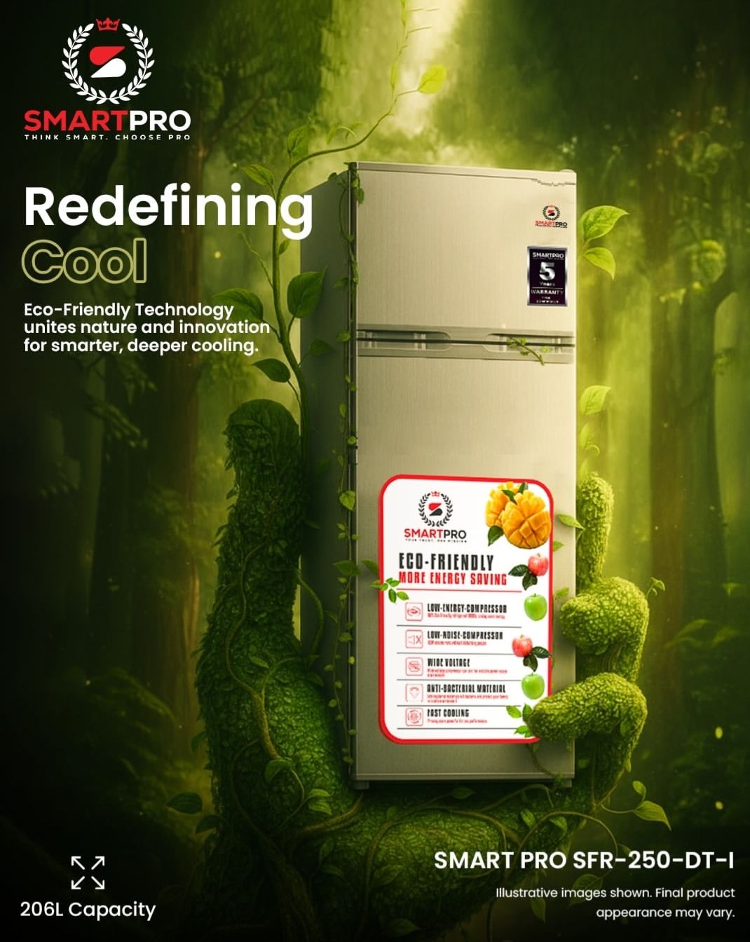 SHOP WITH US🥏🥏Smart pro SFR-225-DT-I Double Door Refrigerator, 206L - Silver👀provides ample space for fresh produce, beverages, and frozen goods. The double-door design separates the fridge and fre