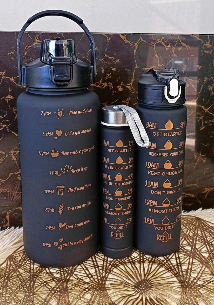 3 in 1 Motivational Water Bottles (3 Pack Half Gallon 2L, 900ml, 300ml)- the perfect set for staying hydrated and motivated throughout the day This set includes three bottles each made of high quality
