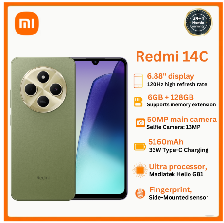 [NEW ARRIVAL ] XIAOMI Redmi 14C 6.88" Screen 6GB RAM + 128GB Storage Dual Sim 5160mAh Battery Capacity Smart Phone