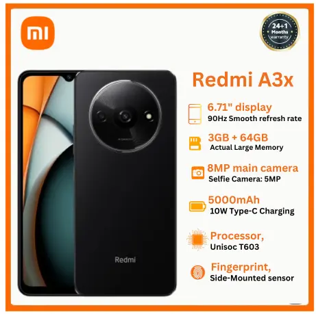 XIAOMI Redmi A3X 6.71" 64GB+3GB RAM 4G Network 5000mAh Battery 8MP AI Camera 10W Fast Charging Fingerprint Sensor Android 14 Smart Phones