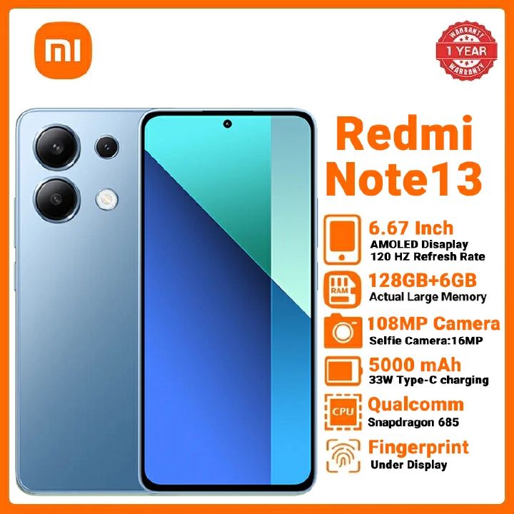 XIAOMI Redmi Note 13 6GB/8GB RAM+128GB/256GB 6.67" Display Phones 108MP Camera 5000mAh Battery 33W Charging Android 13 Smart Phones