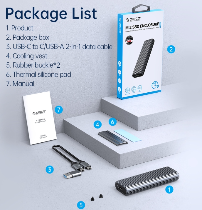 [Special Offer]ORICO M.2 NVME SSD ENCLOSURE AM2C3-G2, USB-C 10Gbps External Adapter for 2230/2242/2260/2280 PCIe NVMe SSD, Aluminium Tool-Free Case (Up to 4TB)