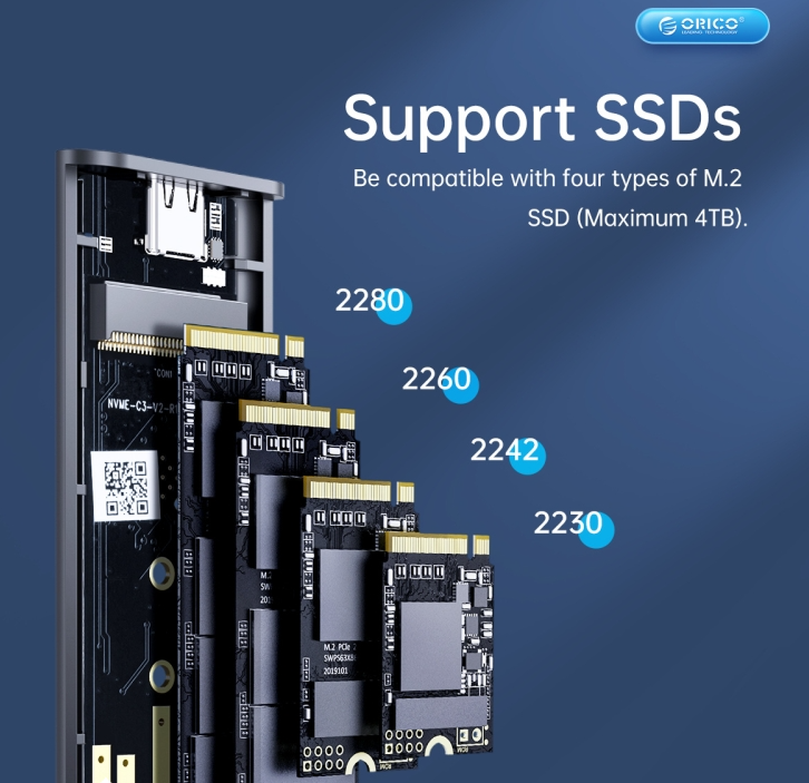 [Special Offer]ORICO M.2 NVME SSD ENCLOSURE AM2C3-G2, USB-C 10Gbps External Adapter for 2230/2242/2260/2280 PCIe NVMe SSD, Aluminium Tool-Free Case (Up to 4TB)