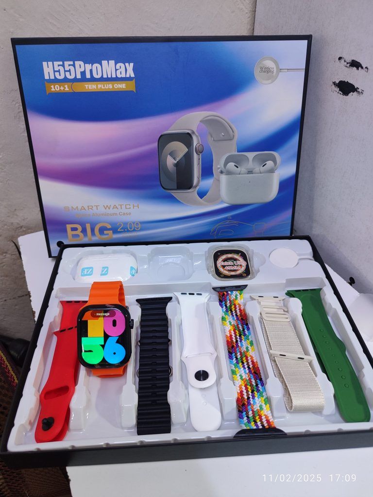 10+1 H55 ProMax smartwatch 2.09-inch with Airpods wireless earbuds Apple watch look-alike with 7 straps and watch case