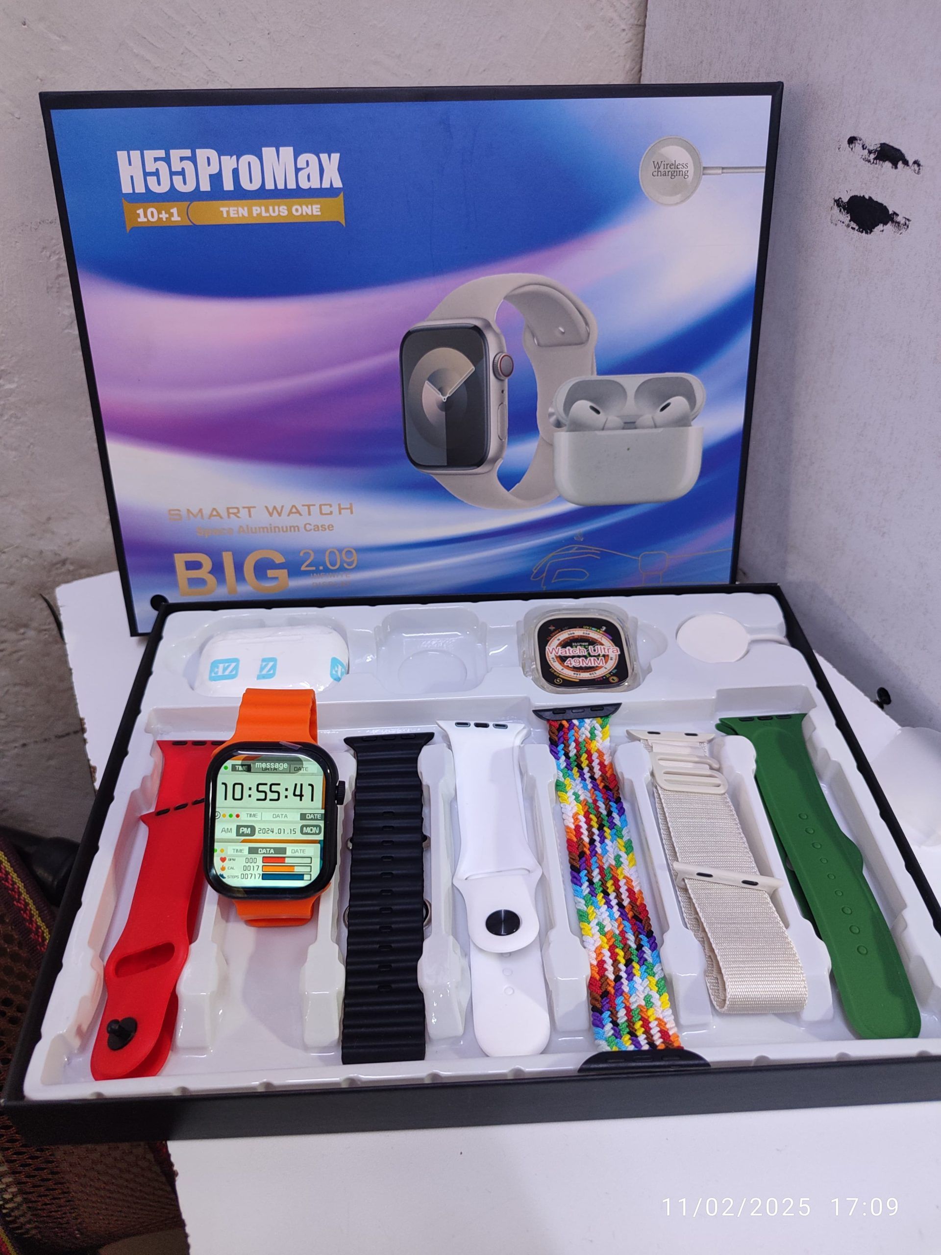 10+1 H55 ProMax smartwatch 2.09-inch with Airpods wireless earbuds Apple watch look-alike with 7 straps and watch case