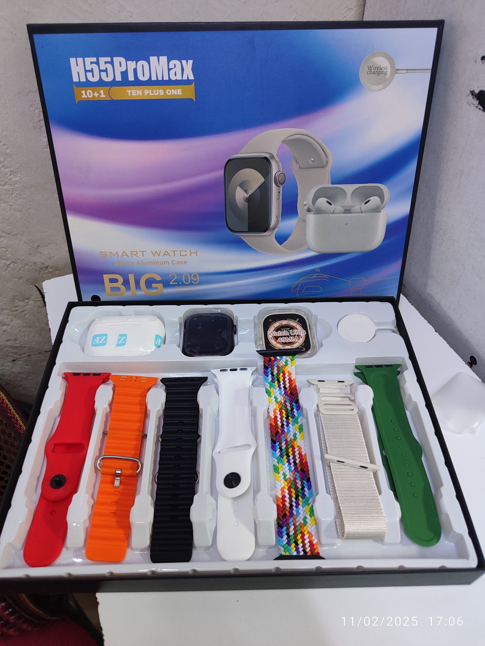 10+1 H55 ProMax smartwatch 2.09-inch with Airpods wireless earbuds Apple watch look-alike with 7 straps and watch case
