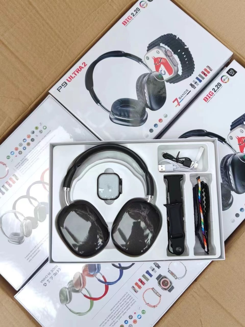 9-in-1 Ultra 2 smartwatch with 7 interchangeable straps and P9 Bluetooth headphones