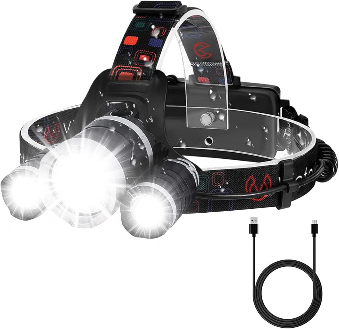 3 LED Lights Headlamp Rechargeable Head Torch with 4 Modes 6000 Lumens Hands-Free Torch for Running Camping Fishing Cycling Hiking