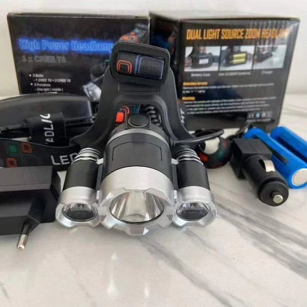 3 LED Lights Headlamp Rechargeable Head Torch with 4 Modes 6000 Lumens Hands-Free Torch for Running Camping Fishing Cycling Hiking