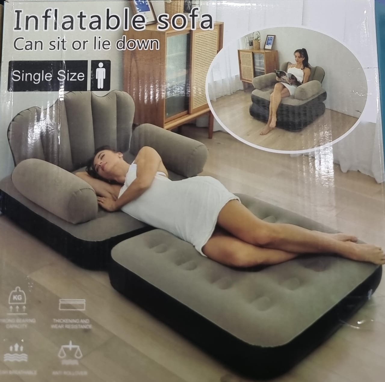 Portable Inflatable Sofa Bed Couch Double Layer Air Sofa with Armrest Manual Pump Lazy Inflatable Bed for Home Camping Travel