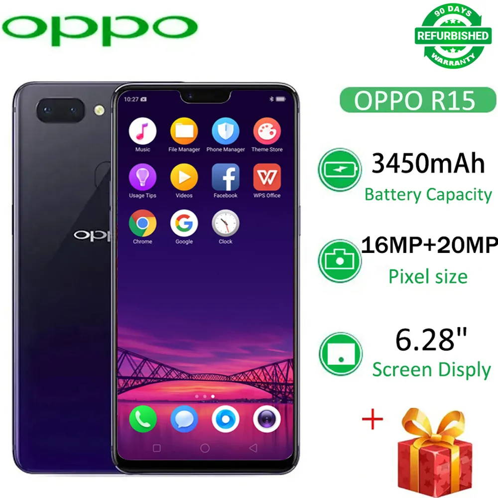 Top sale Refurbished OPPO R15 128B+6GB 6.28" 20MP+16MP 2G/3G/4G LTE Dual SIM Android 8.1 3450mAh Face  ID Fingerprint Unlock Smartphones Big Phones