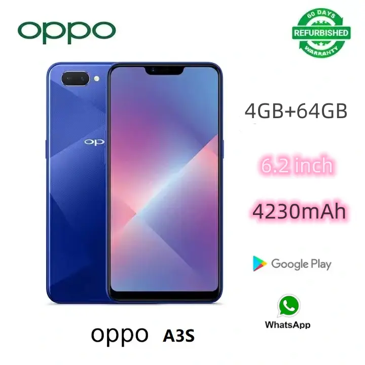 Refurbished phones oppoA5 A3s 4GB+64GB 6.2-inch 16MP+8MP Dual SIM smartphone， Facial unlocking Google support 64GB+4GB