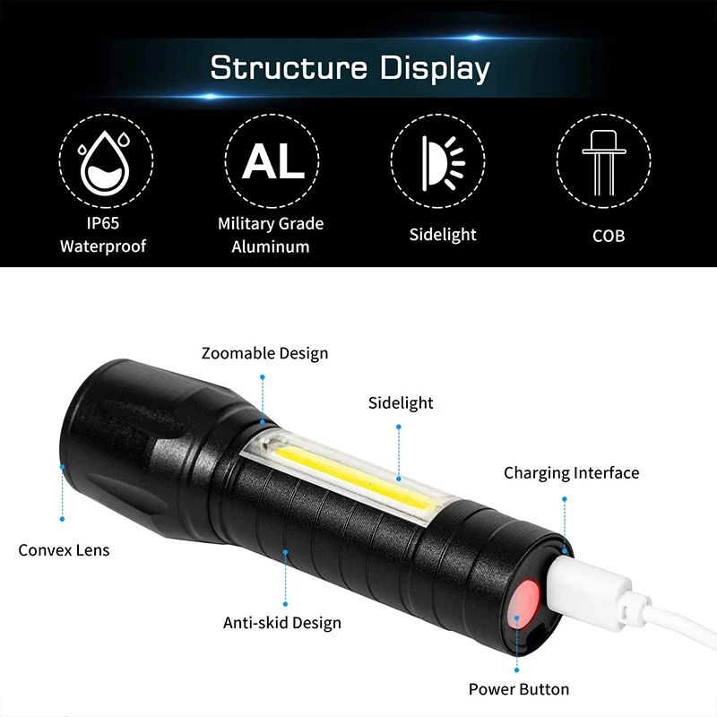 Mini Rechargeable LED Flashlight Portable Waterproof Emergency Torch Telescopic Zoom Camping Adventure Lamp Carry Working Light