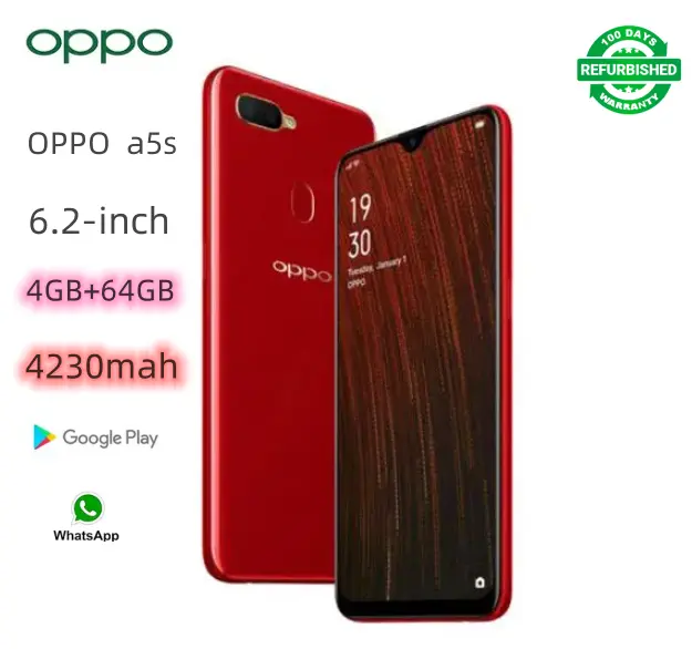 Refurbished Oppo A5s A7 a7 smartphone with 64GB+4GB 6.2-inch screen, 4G Android LTE dual SIM phone, 4230mah battery, 8mp rear 13MP+2MP camera, 8-core smartphone 5.0 Face Unlock Fingerprint Unlock