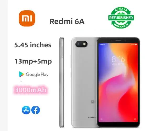 Refurbished Xiaomi Redmi 6A 32GB+3GB 5.45'' 3000mAh 13MP+5MP Android AI Face Unlock Smartphones Google play Full Screen  Processor Mobile Phones