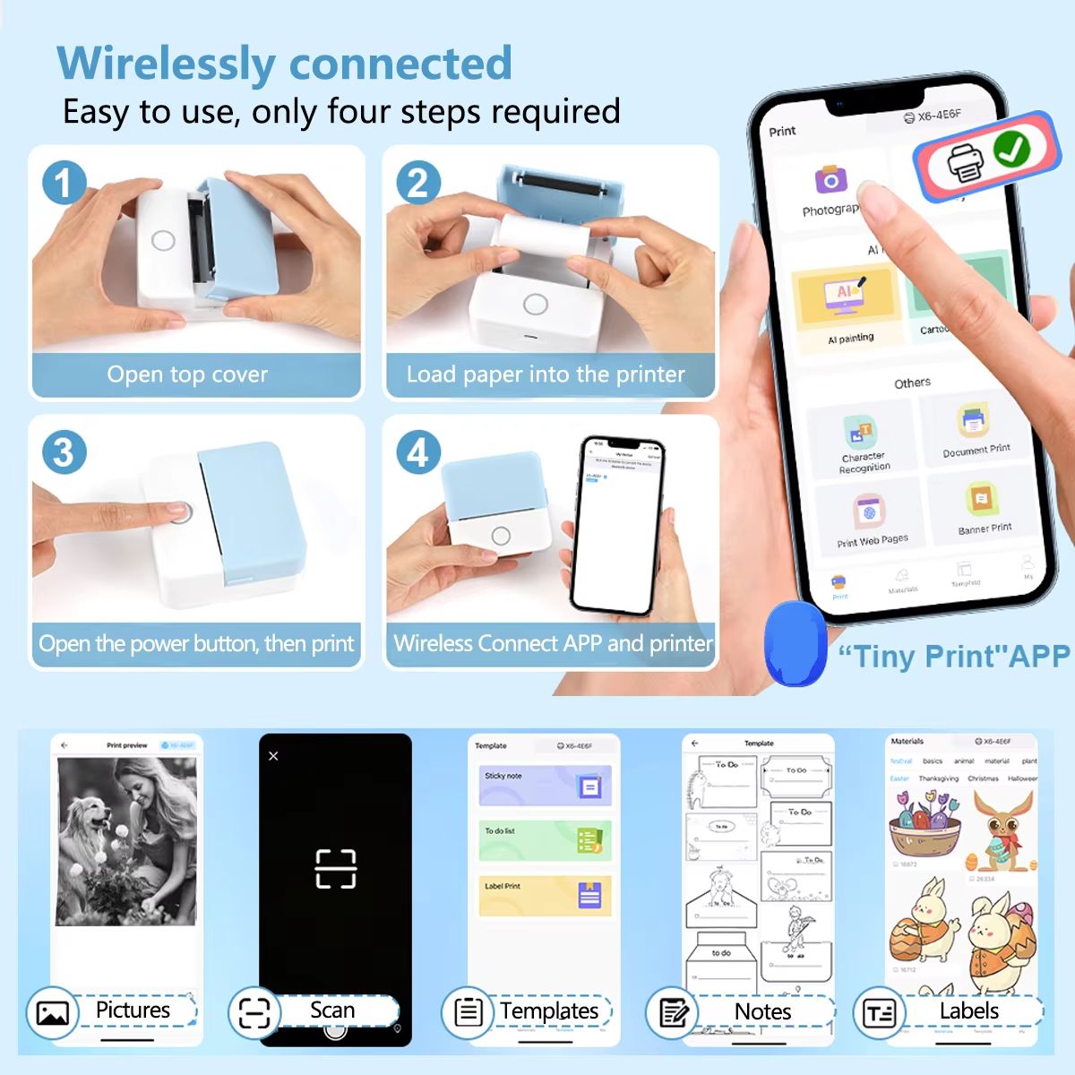 Mini Portable Printer Thermal Printing Sticker Wireless Inkless Mini Pocket Printer Self-adhesive Label Printer Photo Printer