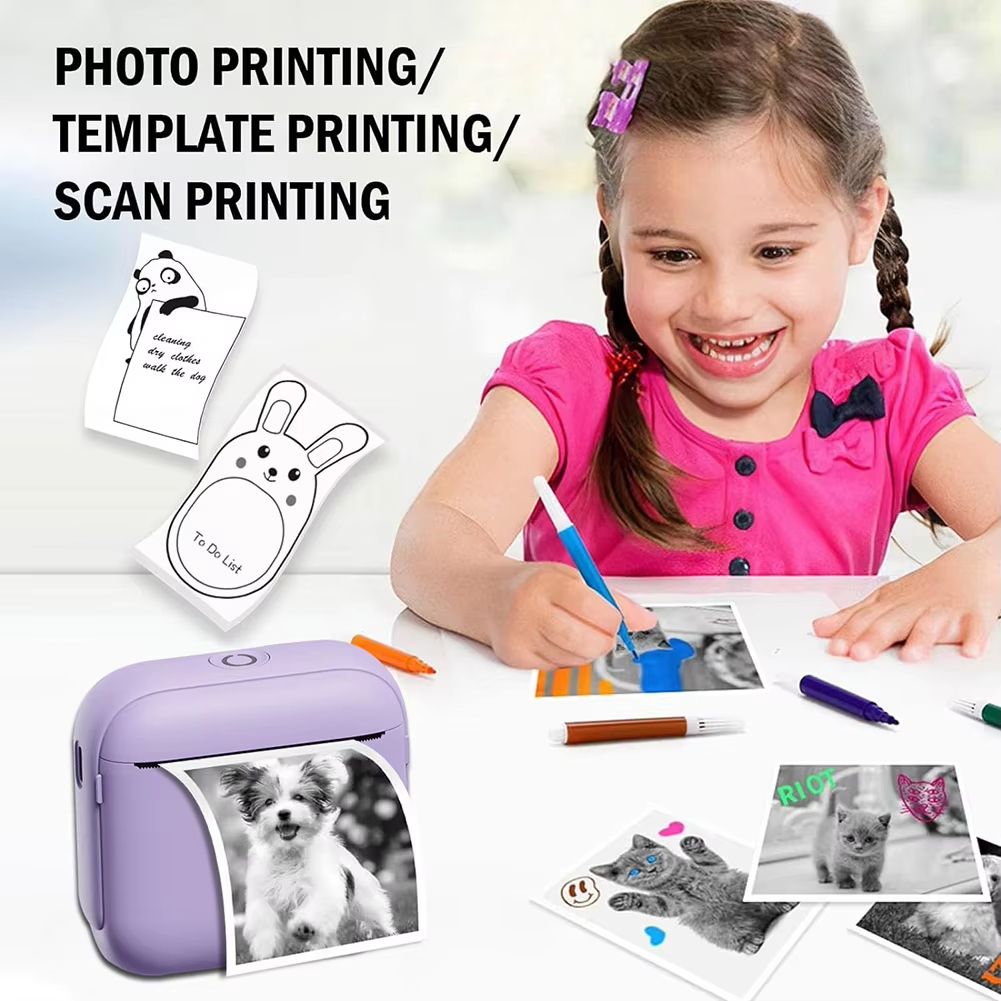 Mini Portable Thermal Printer 200DPI Wireless Bluetooth-Compatible Pocket Photo Printer with 1 Rolls Paper Thermal Label Printer
