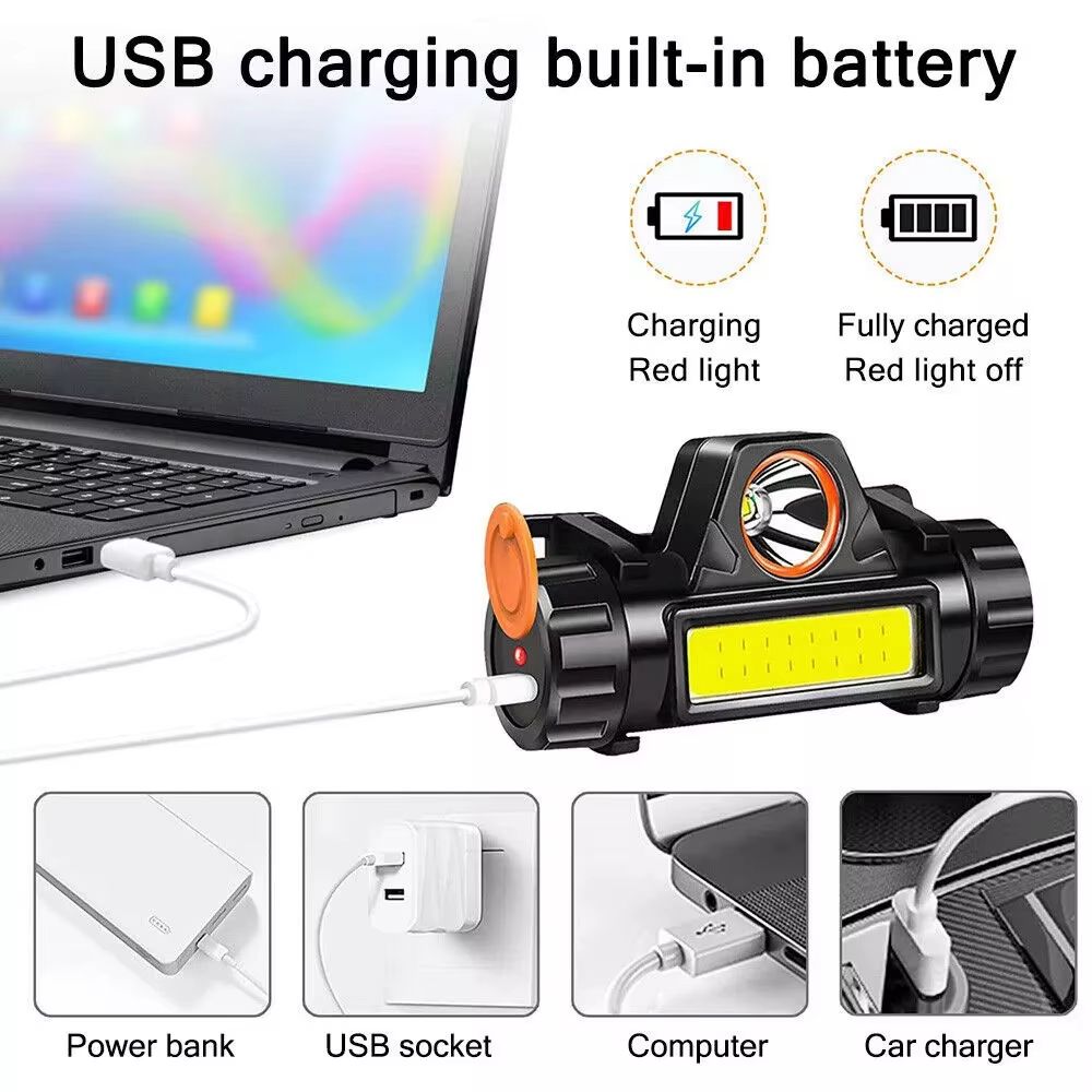 Super Bright USB Rechargeable COB Headlamp Waterproof LED Head Torch Headlight