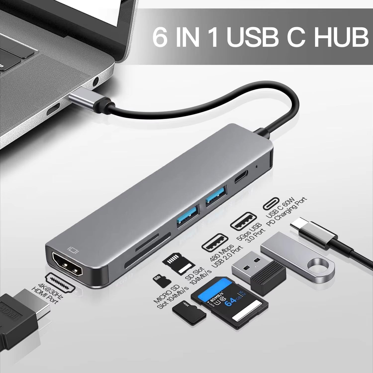 6 Ports USB C Hub to 4K HDMI-Compatible SD TF Card Reader USB 3.0 2.0 HUB Type C Charging Docking for MacBook iPad Samsung