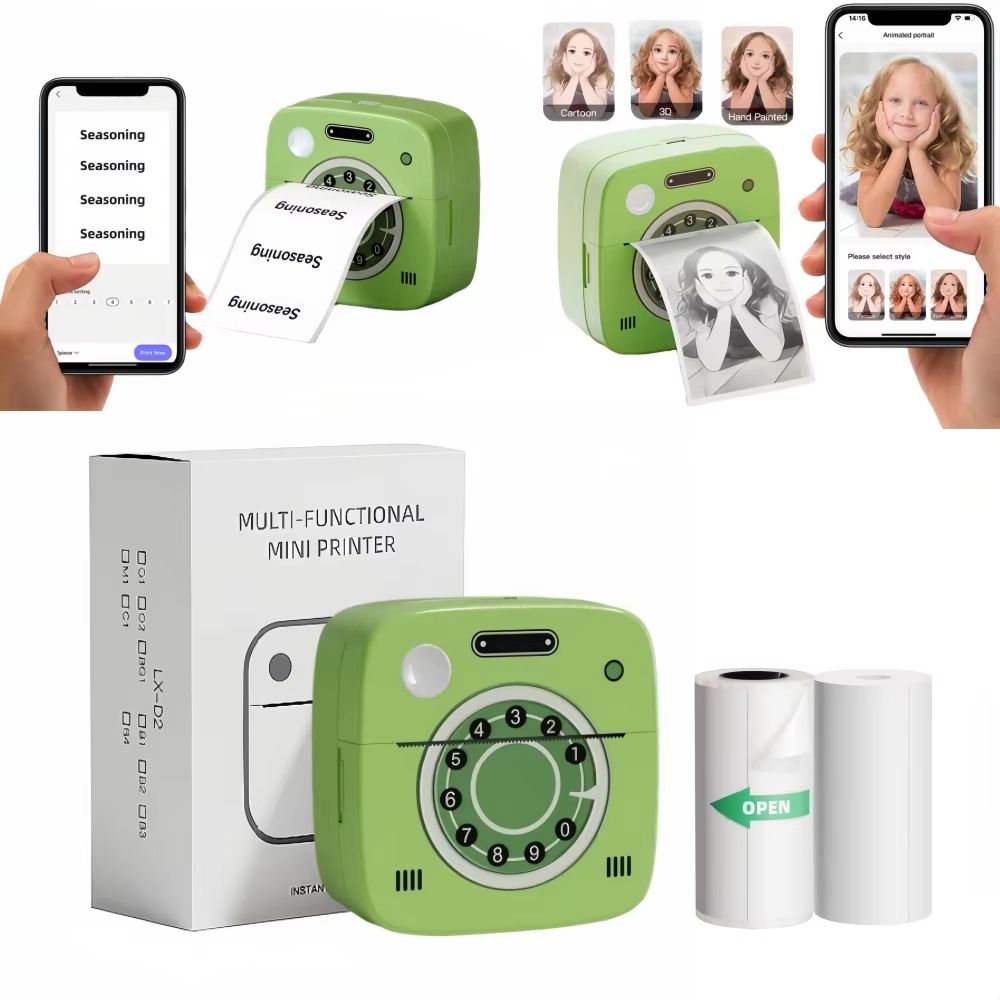 G1 Photo Pocket Printer with 2 Roll for iOS Android Bluetooth Mini Printers Sticker Thermal Printing for Office Kitchen School