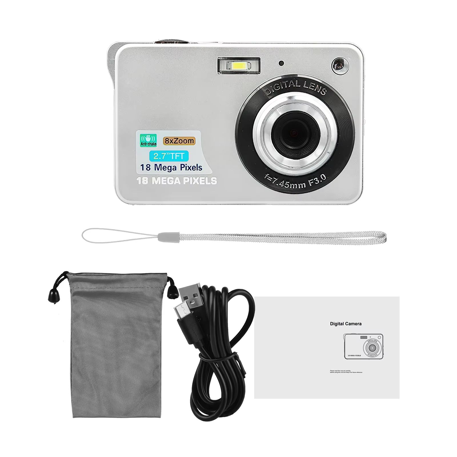 Portable 720P Digital Camera Video Camcorder 18MP Photo 8X Zoom Anti-shake 2.7 Inch Large TFT Screen Built-in Lithium Battery wi