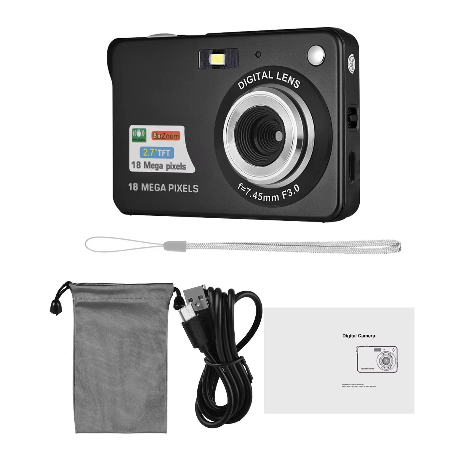 Portable 720P Digital Camera Video Camcorder 18MP Photo 8X Zoom Anti-shake 2.7 Inch Large TFT Screen Built-in Lithium Battery wi