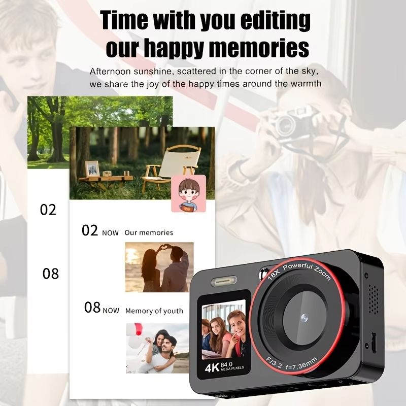 Student Digital Camera CCD 2.8 Inch Display 64MP Autofocus 18X Zoom Camcorder Camera with Flash VLOG Card Cam for Kid Beginner