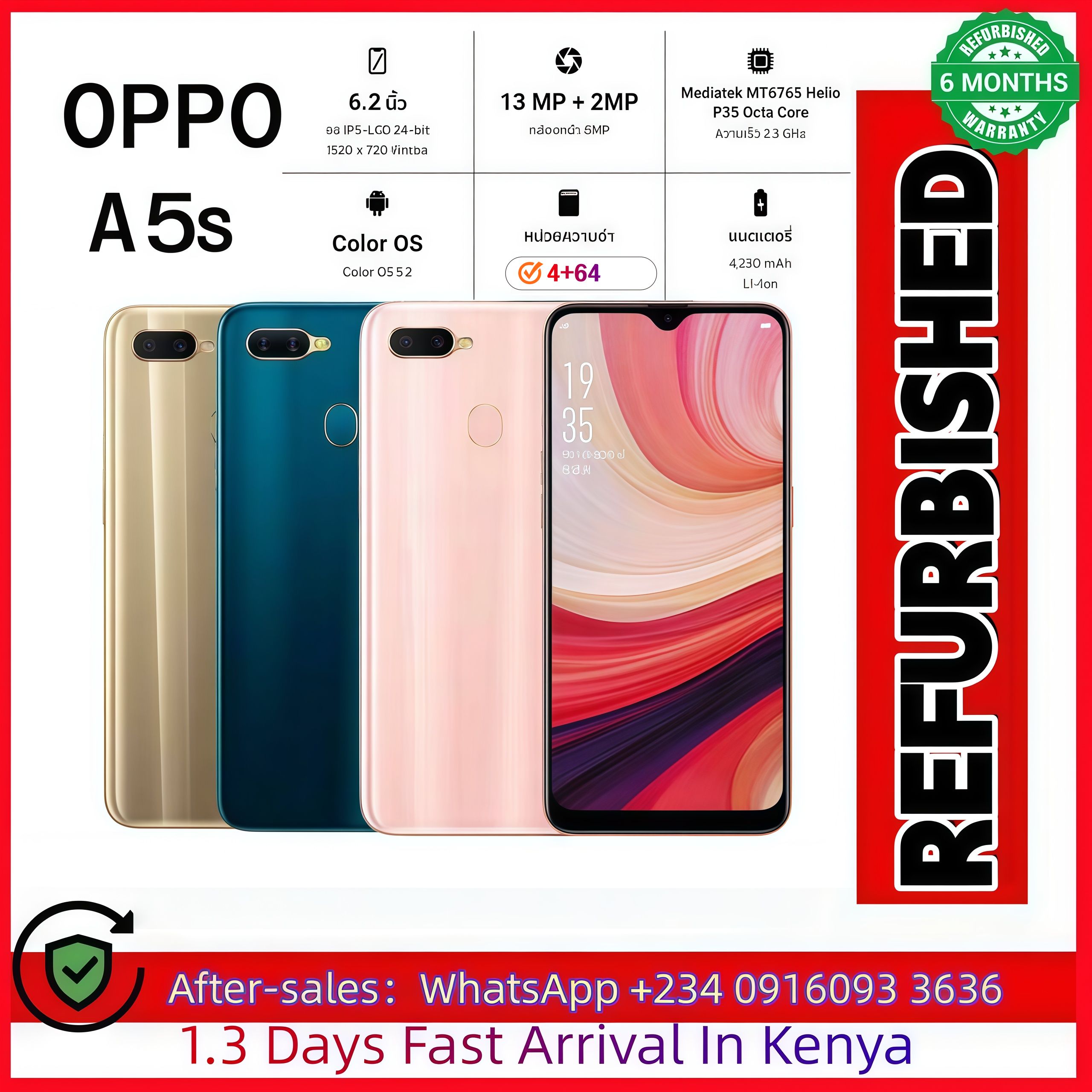 Refurbished Oppo A5s smartphone with 64GB+4GB 6.2-inch screen, 4G Android LTE dual SIM phone, 4230mah battery, 8mp rear 13MP+2MP camera, 8-core smartphone 5.0 Face Unlock Fingerprint Unlock