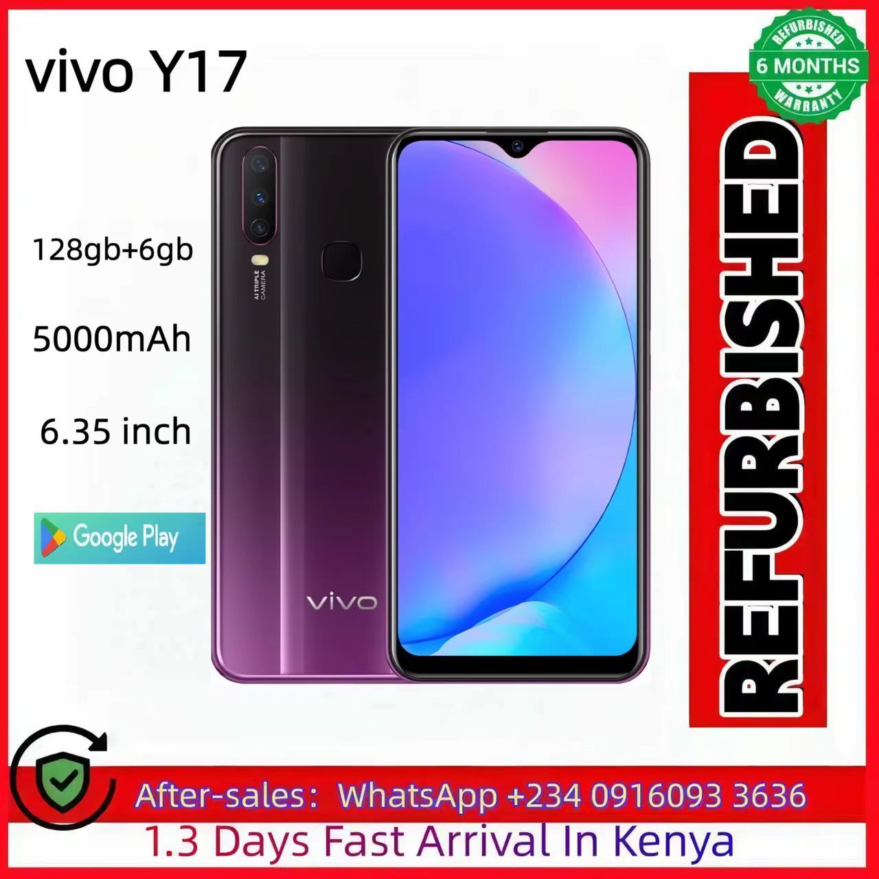 Refurbished VIVO Y17 128GB+6GB Smart Phone 6.35 inch  LCD 20MP+13MP 5000mAh dual SIM Android Phone