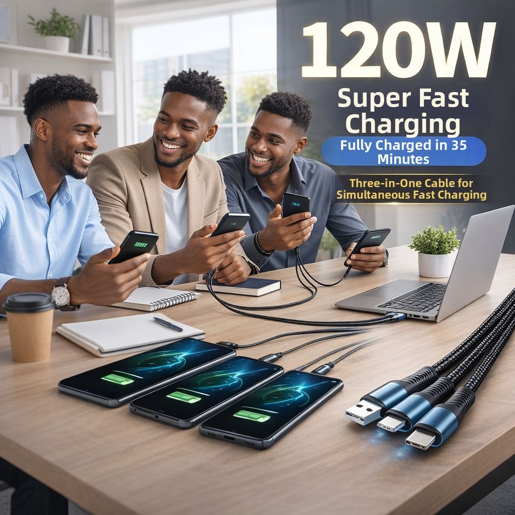 120W 3-in-1 Fast Charging Cable  USB to Type-C + Lightning + Micro USB  Durable Braided Cable for Phones & Tablets