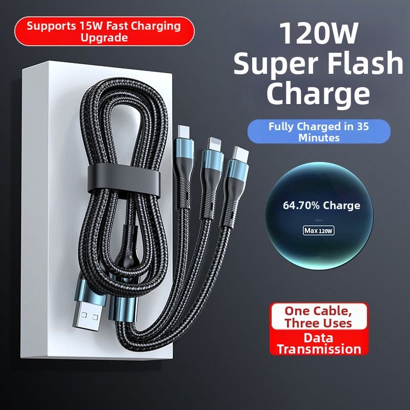120W 3-in-1 Fast Charging Cable  USB to Type-C + Lightning + Micro USB  Durable Braided Cable for Phones & Tablets