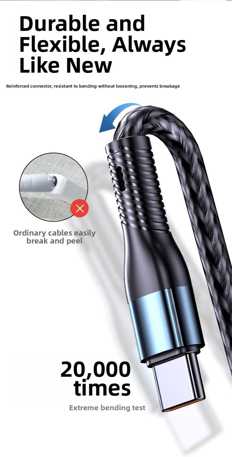 120W 3-in-1 Fast Charging Cable  USB to Type-C + Lightning + Micro USB  Durable Braided Cable for Phones & Tablets