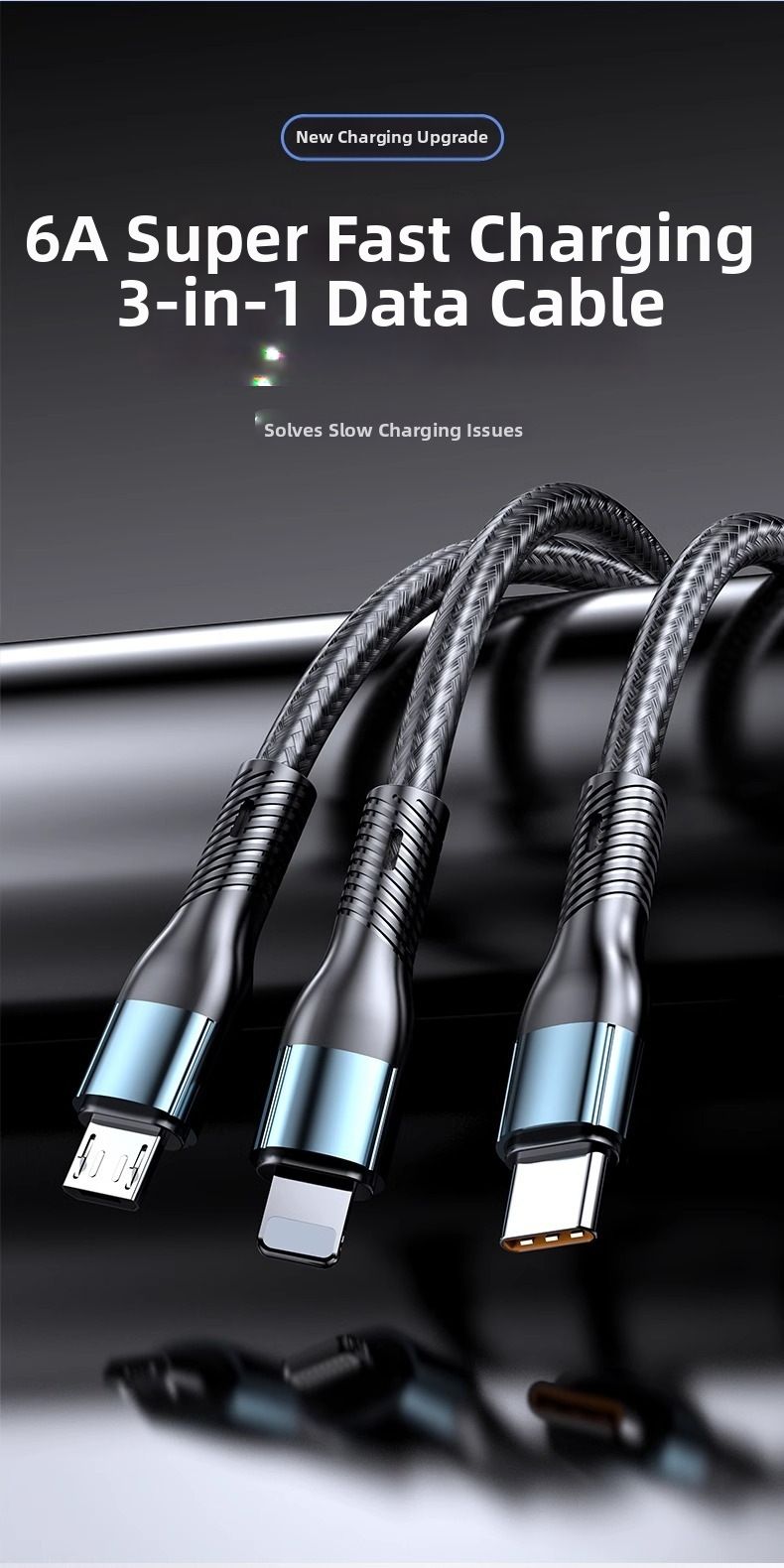 120W 3-in-1 Fast Charging Cable  USB to Type-C + Lightning + Micro USB  Durable Braided Cable for Phones & Tablets