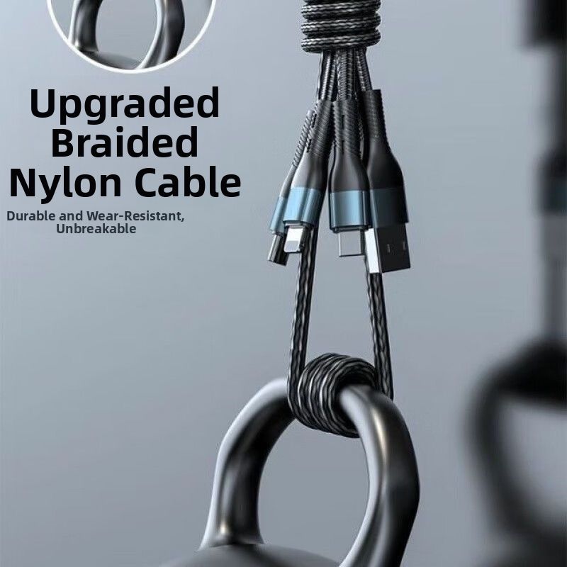 120W 3-in-1 Fast Charging Cable  USB to Type-C + Lightning + Micro USB  Durable Braided Cable for Phones & Tablets