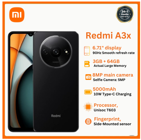 Redmi A3x 6.71" 3GB, 4GB RAM + 64GB , 128GB ROM, Android 14 (Dual Sim) 5000mAh , Side fingerprint