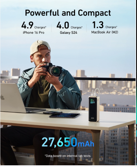 Anker Prime Ultra-High Capacity 27650mAh  Powerful 250W Output  Power Bank  Ultra-High Capacity Portable Charger with Smart Digital Display  Compatible with smartphones tablets laptops