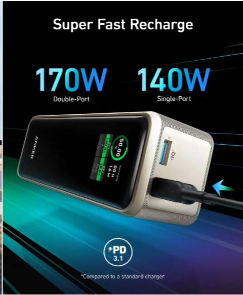 Anker Prime Ultra-High Capacity 27650mAh  Powerful 250W Output  Power Bank  Ultra-High Capacity Portable Charger with Smart Digital Display  Compatible with smartphones tablets laptops