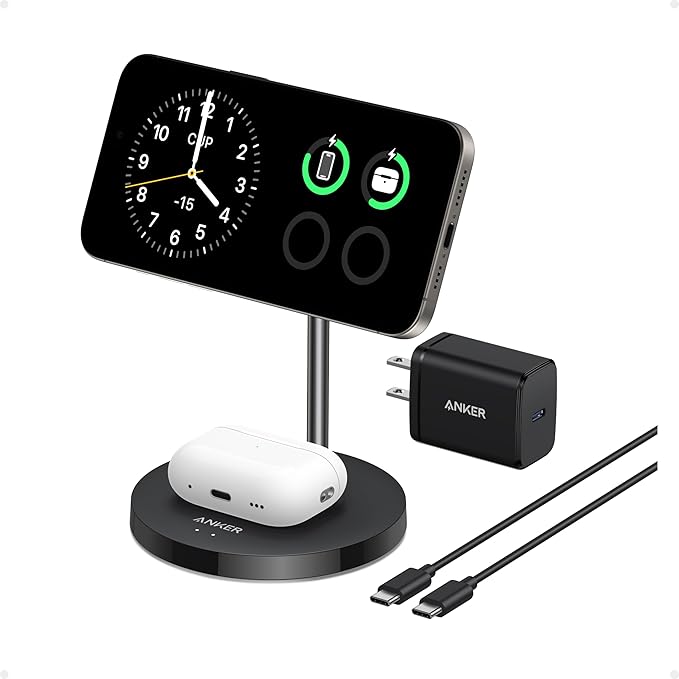 [Exclusive deal] Anker MagGo Wireless Charger (2-in-1, Stand) - MagSafe Charger for iPhone and AirPods with Fast USB-C Charging,Fast, Efficient 15W Charging, Charge 2 Devices at Once