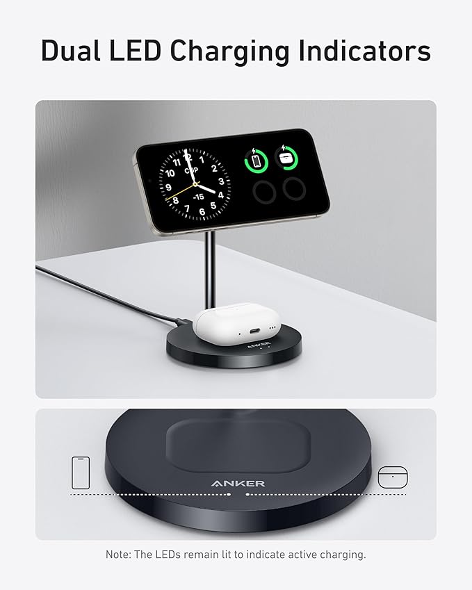 [Exclusive deal] Anker MagGo Wireless Charger (2-in-1, Stand) - MagSafe Charger for iPhone and AirPods with Fast USB-C Charging,Fast, Efficient 15W Charging, Charge 2 Devices at Once