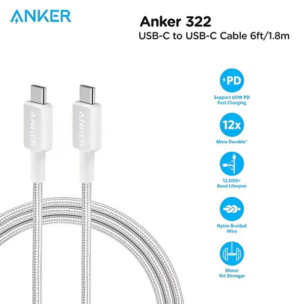 [Exclusive deal] Anker 322 USB-C to USB-C Cable (6ft Braided) - White ~ Durable Braided Design  High-Speed Data Transfer  Fast Charging