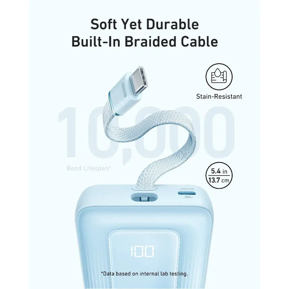 【Anker Official】Anker Zolo PowerBank (10K, 30W) with a 5.4-inch (13.7 cm) built-in USB-C Cable - Blue ~ Fast Charging Battery Pack Travel Essential Phone Power Bank for iPhone 16/15 iPad