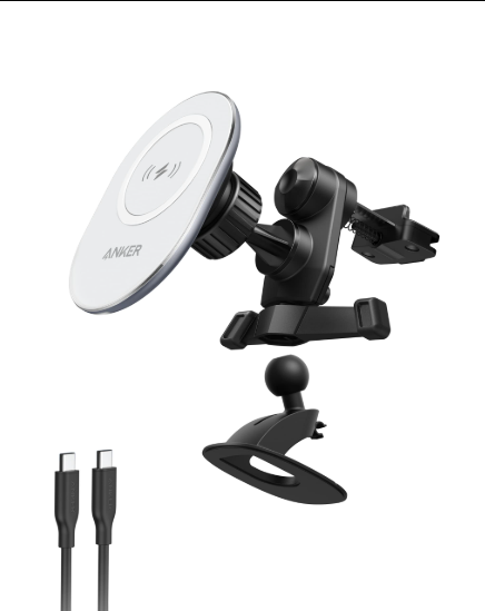 [Exclusive deal] Anker PowerWave Magnetic Car Charging Mount - MagSafe Compatible with iPhone 12+  Fast 7.5W Charging  Built-in USB-C Cable  Black & White