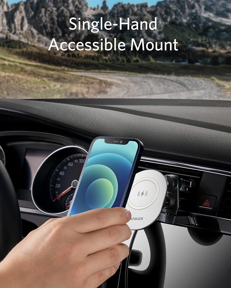 [Exclusive deal] Anker PowerWave Magnetic Car Charging Mount - MagSafe Compatible with iPhone 12+  Fast 7.5W Charging  Built-in USB-C Cable  Black & White