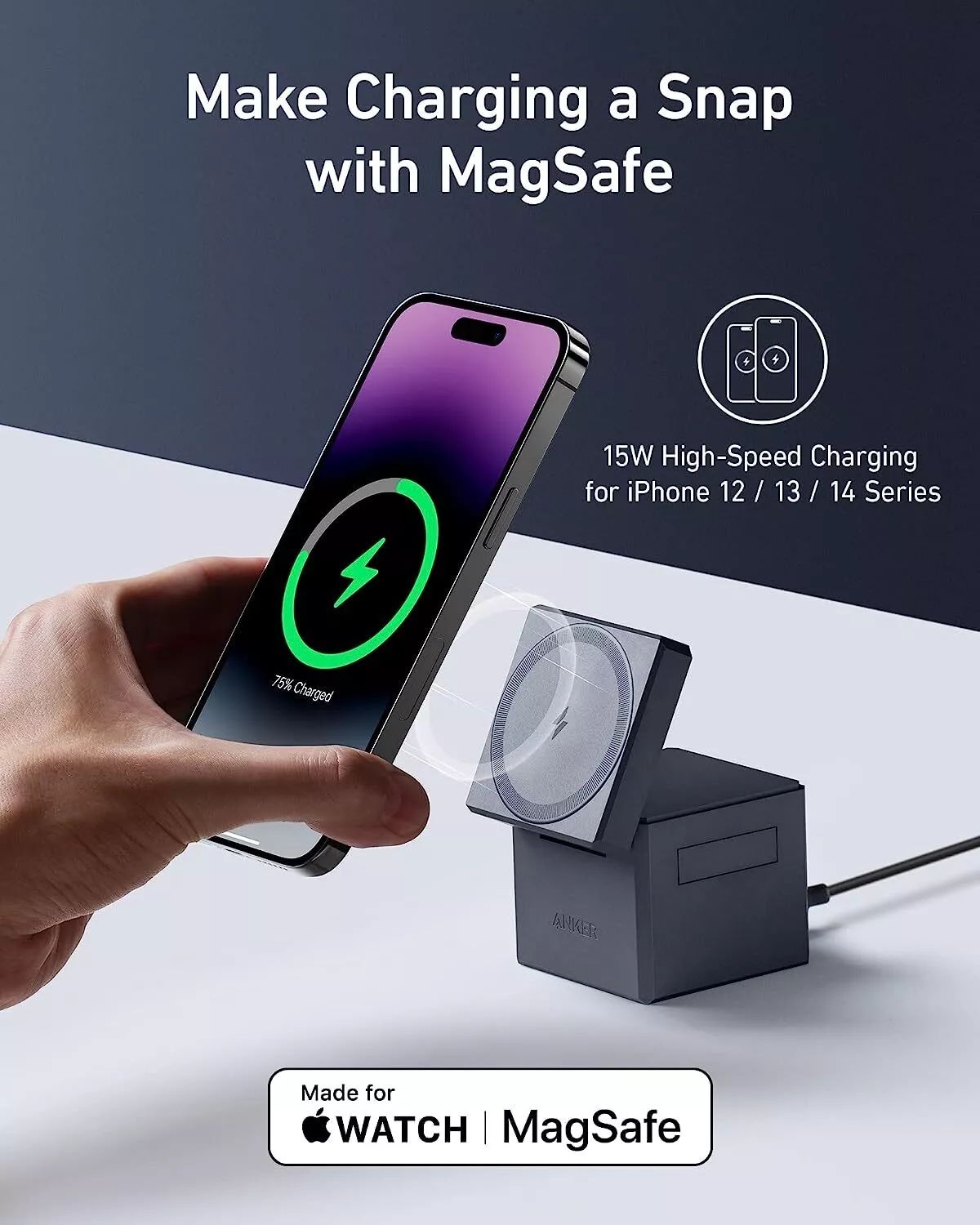 【Anker Official】 Anker 3-in-1 Cube with MagSafe -  Foldable Wireless Charger for iPhone, Apple Watch & AirPods (30W USB-C Included)