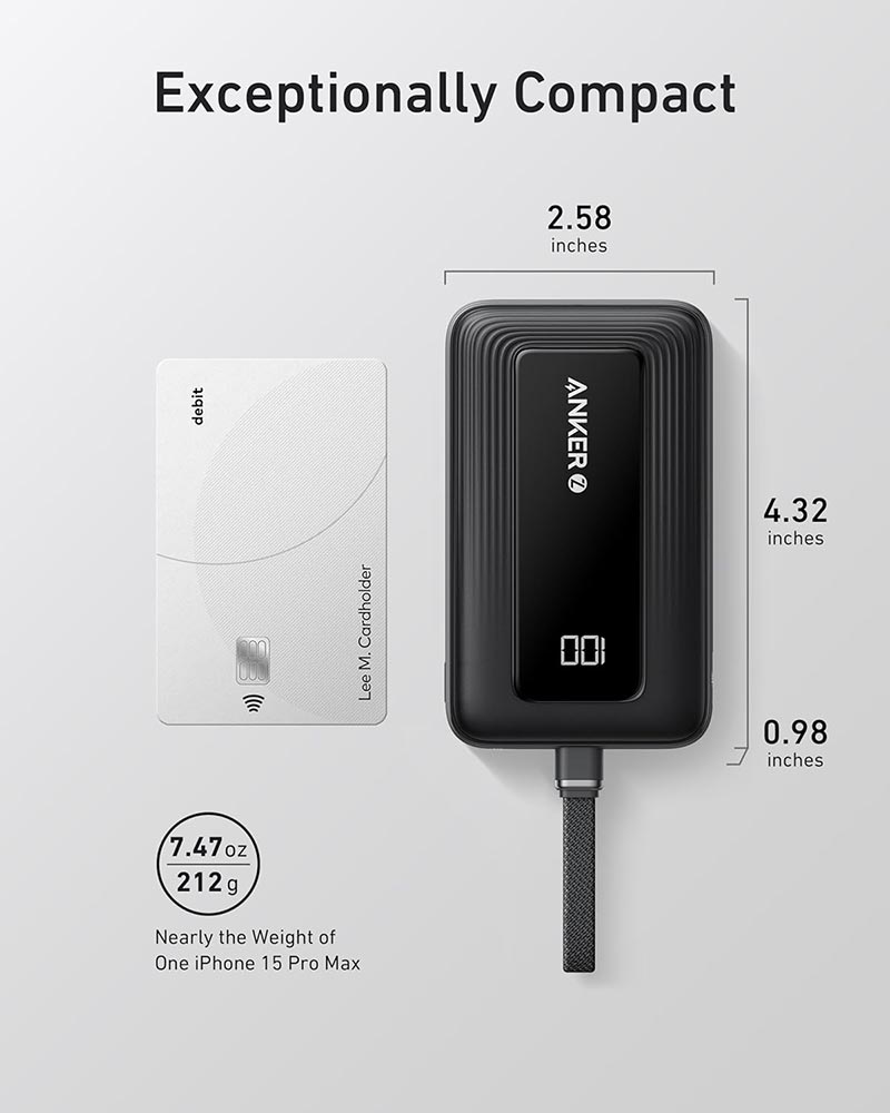 ANKER POWER BANK (10K, 30W, BUILT-IN USB-C  CABLE) BLACK Compact and Portable Durable Built-In Cable Digital Display  Fast Charging