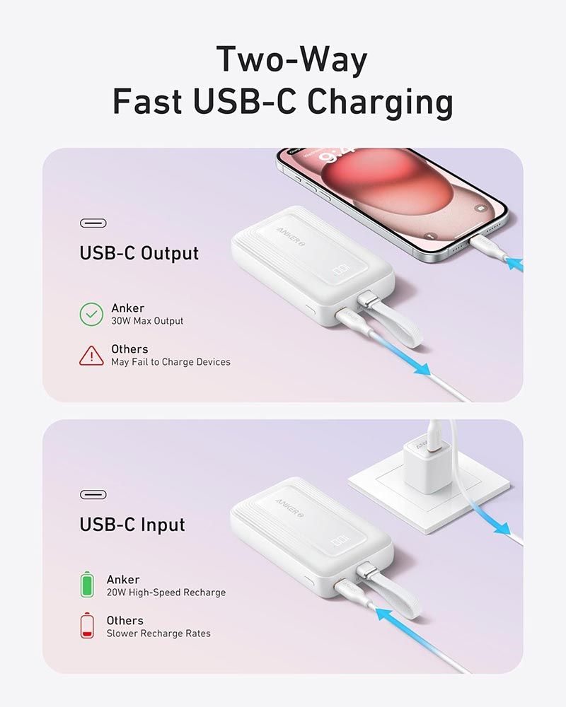 ANKER POWER BANK (10K, 30W, BUILT-IN USB-C  CABLE) BLACK Compact and Portable Durable Built-In Cable Digital Display  Fast Charging