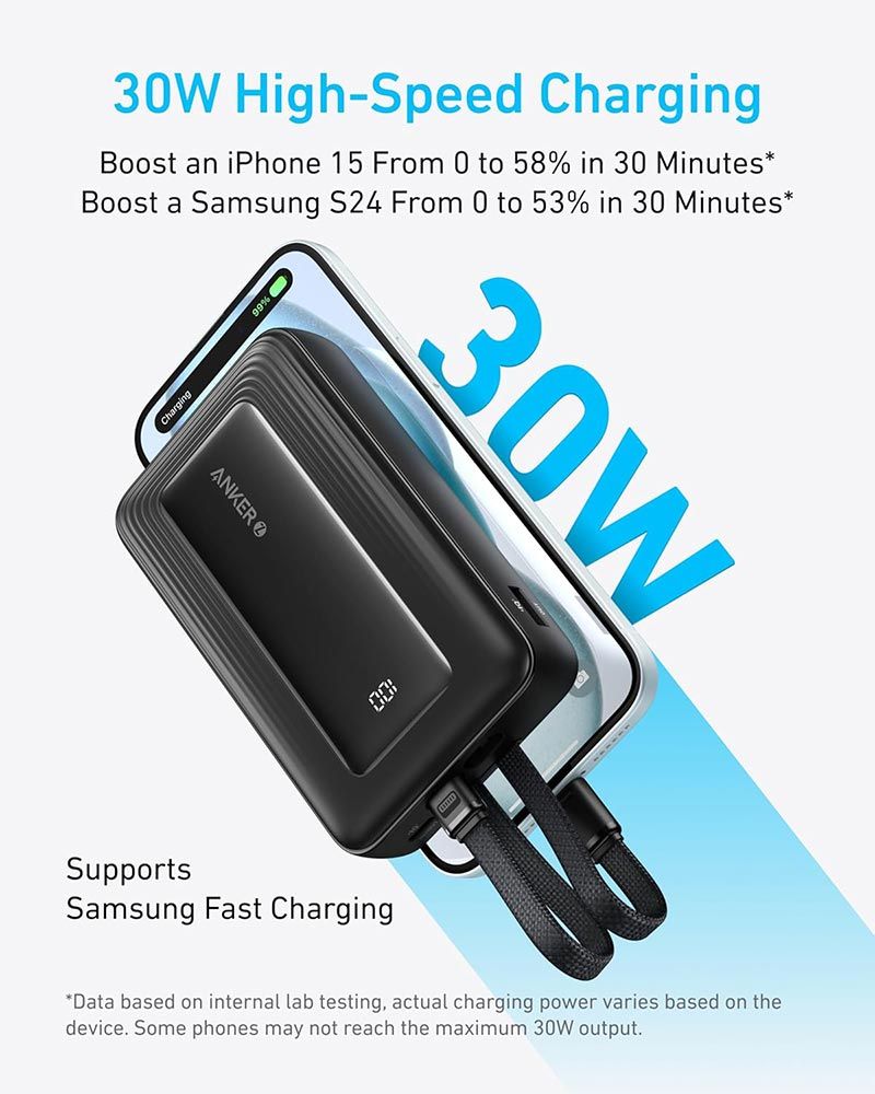 ANKER POWER BANK (10K, 30W, BUILT-IN USB-C  CABLE) BLACK Compact and Portable Durable Built-In Cable Digital Display  Fast Charging